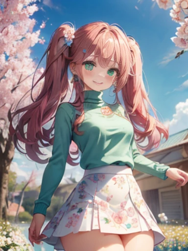 小さなgirl、The arrival of spring、thick thighs、thick thighs、 big ass、chest is small、(alone:1.5,)Super detailed,bright colors, very beautiful detailed anime face and eyes, back view、 shiny_skin,girl, ((Purple long hair,Inner color is red 、forehead is exposed.、green eyes、、shiny hair, delicate beautiful face, blush、(turquoise eyes), White skin, Valletta, earrings,、blue flower field、(((Floral pink、turtleneck clothing、tight、white tight skirt)))、twin tails、smile、happy face、face dyed red
