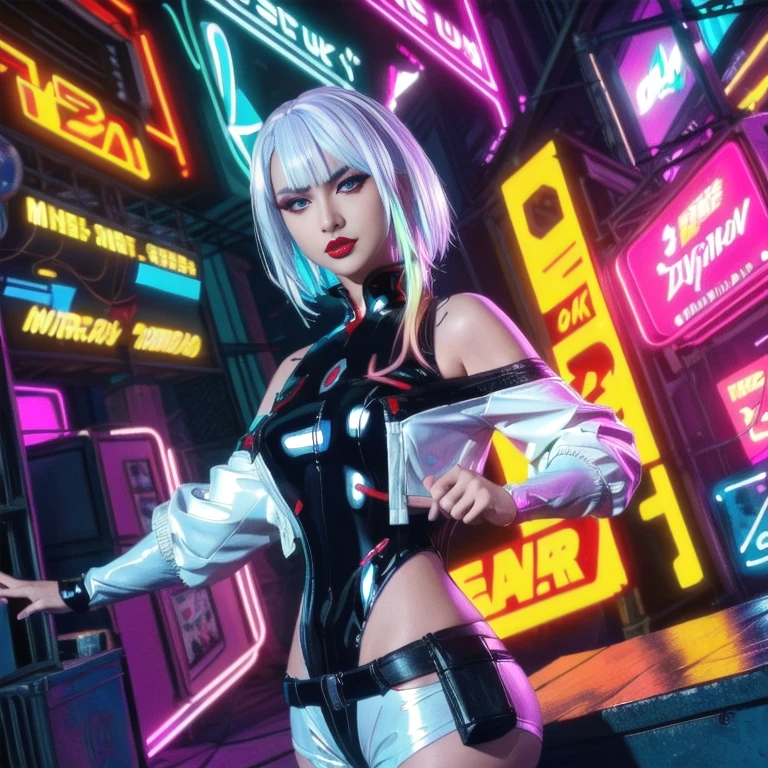 lucy_cyberpunk, cowboy shot, 1 sweet girl,white short hair, bangs, ((red eyeliner)), ((makeup)),red lips, white off-shouler jacket, black bodysuit, bare shoulders, white shorts, hip vent, (dynamic pose), looking at viewer, upper body,fantasy, high contrast,cityscape, neon lights, neon trim, ((cyberpunk)), (8k, RAW photo, best quality, masterpiece:1.2),ultra-detailed, (high detailed skin:1.2), 8k uhd, dslr, soft lighting, high quality,