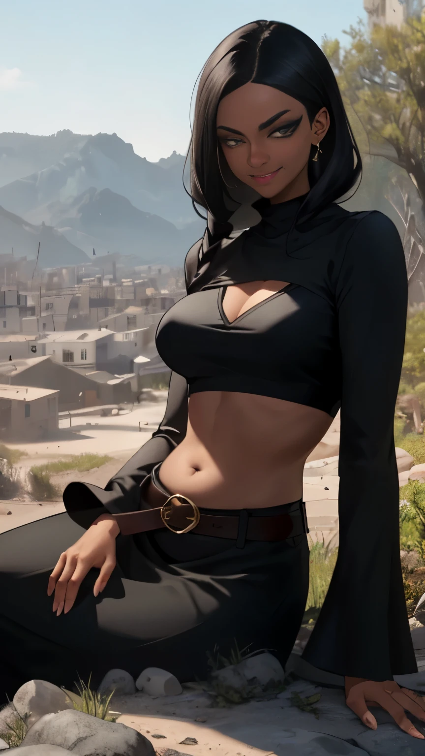 (Highly quality, masterpiece, detailed), sandy city detailed scenario, sandy city detailed background, solo, 1 woman, black hair, glamorous hair style, DustMarvel, long sleeves, belt, black cropped top, long black skirt, dark-skinned female, belly button piercing, sitting on a rock, smirk, beautiful eyes, look at the viewer, Sexy pose