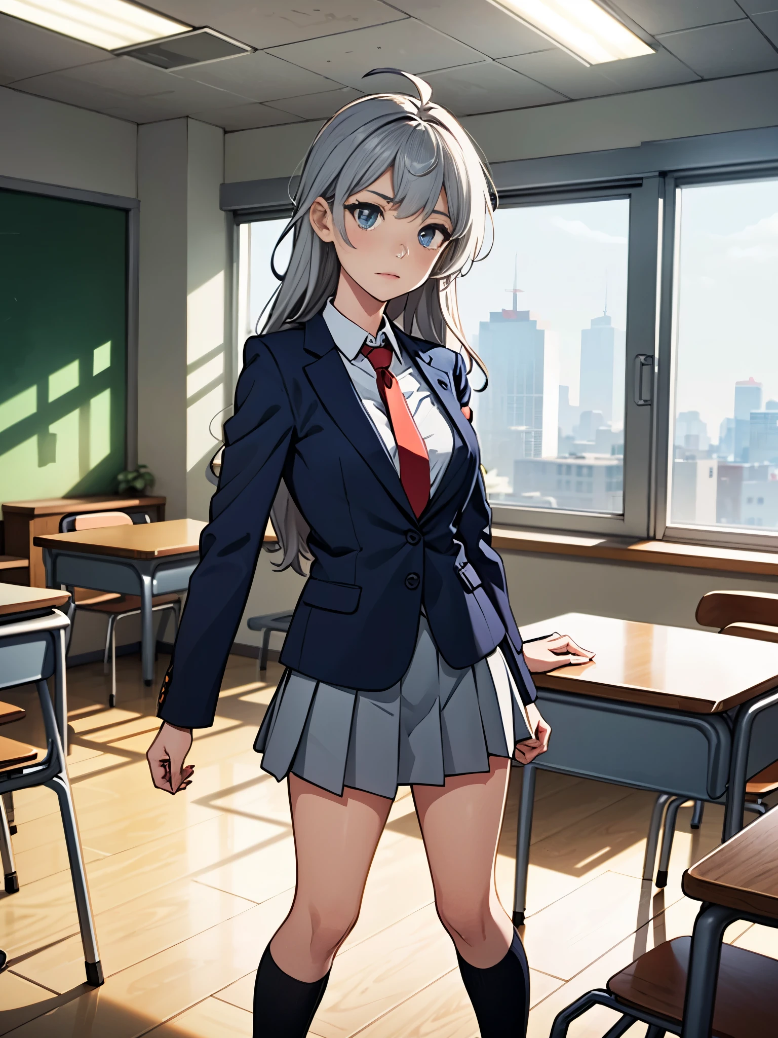 1girl, high school student, suit, dark blue suit jacket, white shirt, red ribbon necktie, grey pleated skirt, miniskirt, bare legs, white socks, brown shoes, light grey hair, hazel eyes, shoulder-length hair, bangs, ahoge, beautiful detailed eyes, beautiful detailed face, cute face, medium breasts, age 18, solo, solo focus, standing, classroom backdrop, warm lighting