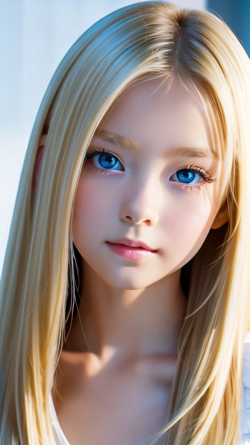Shiny, beautiful white skin、Blonde color changes depending on the light、Long straight bangs obstruct the view、cheek gloss highlights、sexy and very beautiful, Ladylike, cute, gorgeous face、the most beautiful face in the world、The most beautiful super long platinum blonde hair in the world、smooth, straight hair、Very bright, large light blue eyes that shine beautifully, very big eyes、lighting equipment、beautiful pony、Beautiful Swedish girl、baby face