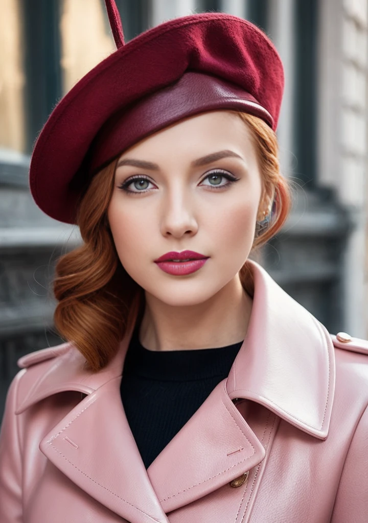 A close-up portrait of a gorgeous, beautiful, stunning russian woman wearing a classy elegant outfit: a pale pink belted double breasted leather trench coat, a dark sweater, a red wine pink beret. A redhead woman from Russia, delicate red lips, pastel pink skin tone, soft flawless pale skin, elegant make-up, red lipstick. Classy, elegant, sophisticated redhead woman, a majestic lady, dream beauty, ethereal beauty, angelical beauty, delicate, sensitive, tender, lovely, romantic, kind-hearted, feminine and strong, brave, determined woman from Russia. Elegant look, pink style, flowing and glowing wavy ginger hair. She's making a photo book, posing for camera, professional photograph, editorial photograph, portrait photograph of a russian model.