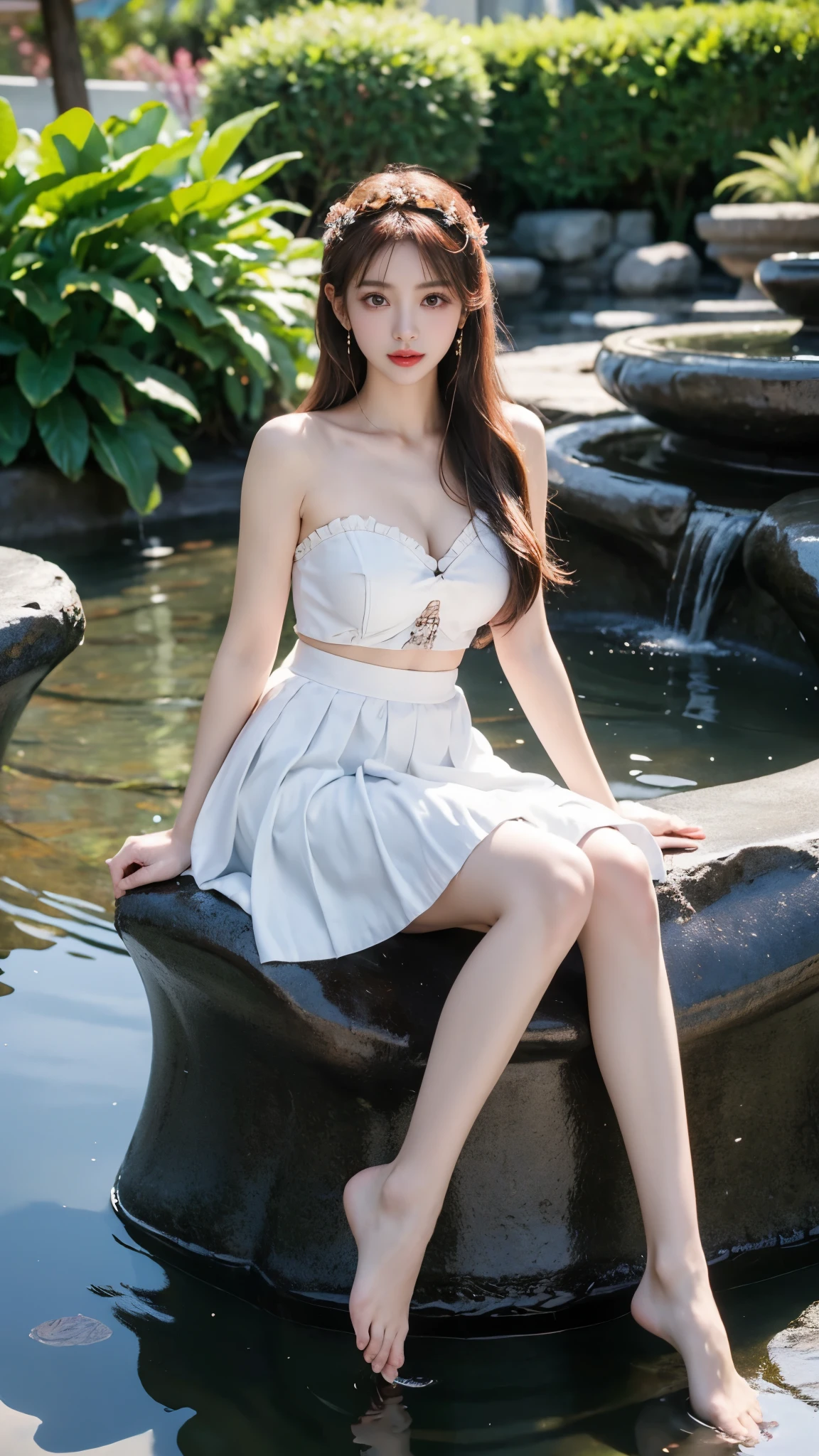 (masterpiece, best quality:1.2), 1 girl, alone, ((bare shoulders, The skirt is short)), In the depths of wonderland，Moonlight，Sit in the hot spring and play with water, sexy model，Slender sexy legs，very nice legs，Show sexy legs，big breasts，beautymystery的色彩。脸庞beauty而精致，Otherworldly beauty。The light of wisdom。cherry colored lips，Revealing confidence and composure。The face is well defined，Skin as fair as jade，Reveal a healthy glow，Makeup is light and delicate，Show temperament and charm。Skin transparency，Bright and Vibrant。Charm and sophistication。Clothes fluttering，Action swing。beauty的风景线，Attractive posture。big breasts, beauty，grace，mystery，dream。