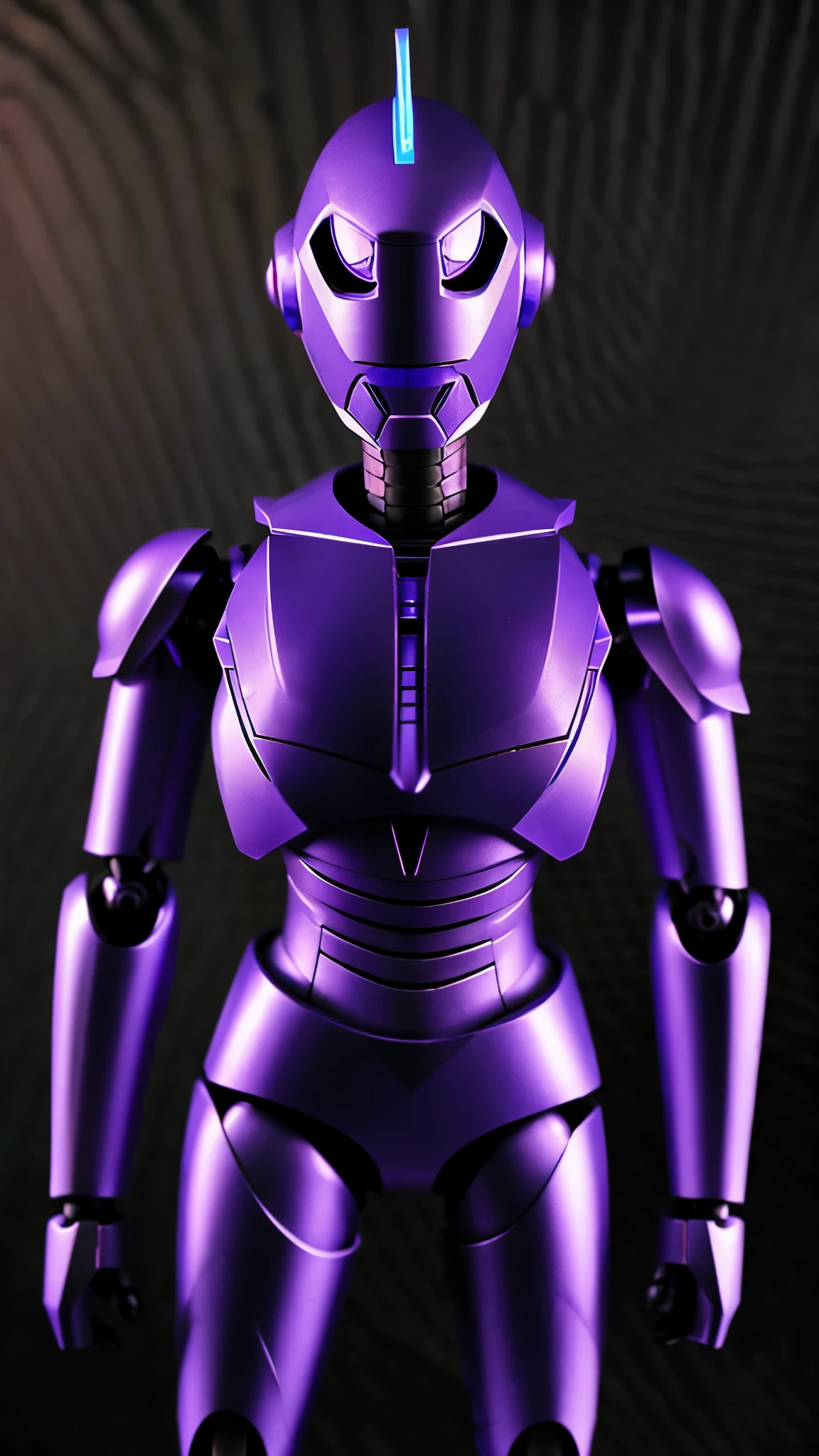 Evening background, black iron robot, doll robot, high performance, high quality, armed, sharp armed, thick armor, eyes purple, glowing purple, sharp eyes, rogue robot, sky in background,