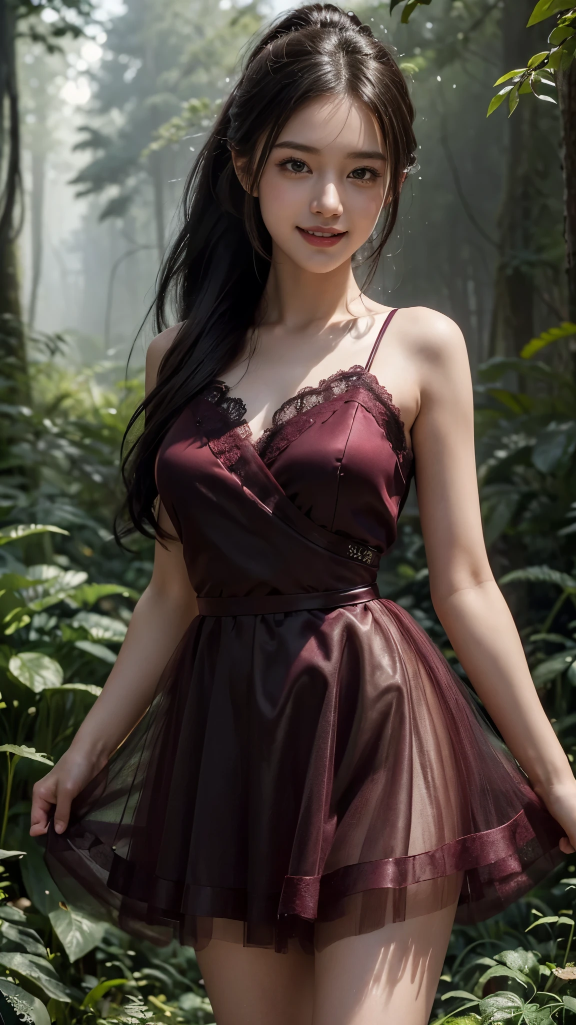 (Masterpiece:1.4), CG Unity 8k walpaper, ((Realistic: 1.2)), Ray Tracing, 64k, Beautiful 22 years girl, Asian realistic girl, Ultra Realistic, ultra HD, 1 girl, black hair, long hair, ponytail, standing, abandoned in a forest, Green Plants, Rain forest, soft lighting, Morning light, foggy morning, realistic, SMOOTH FACE, full body shot, ((Burgundy Sweetheart High Low Tulle Homecoming Dresses with Lace Wrap)), perfect eyes, Beautiful smile, ((smile: 1.2)), Stylish look, sexy angles, realistic Skin, Perfect young body, Young figure , detailed background, Detailed skin, ((detailed dress)), Long Black hair, cinematic lighting, ((cinematic Photography)), ((High resolution Dress Quality)), High resolution picture quality, beautiful knees, Smooth thighs