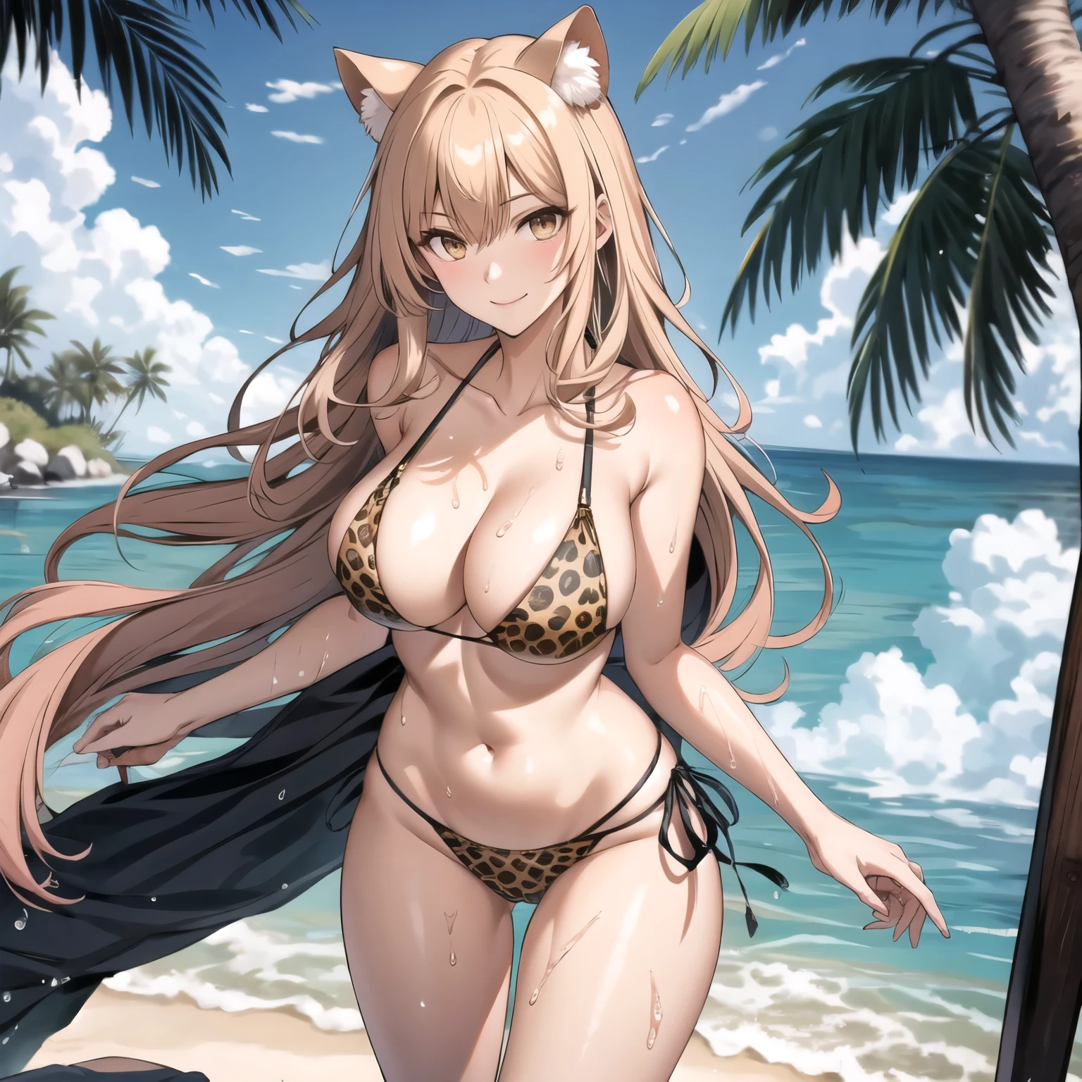 mujer kitsune, orejas de zorro, ojos amarillos, sonrisa, cabello naranja, pecho grandes bikini ROSADO de leopardo amarillo. caminando por una playa tropical, cuerpo mojado, gotas de agua en su pecho, cabello naranjo.