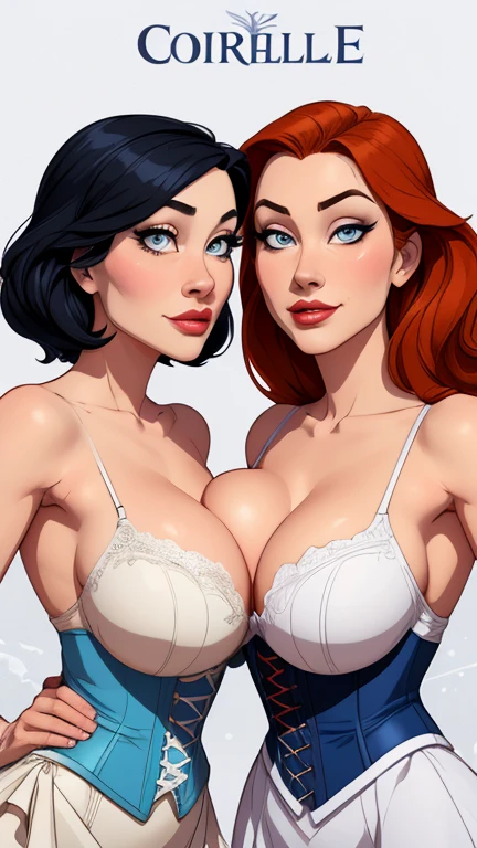 Beautiful character pose in dynamic love pose two women together Snow White on the left and together with Cinderella on the right they are girlfriends with a symmetrical body with a corset and beautiful breasts, corpo bem definido, delicado e sensual, estilo de desenho animado, digital illustration white background detailed art sexy eyes perfect hands with 5 Cartoon style 