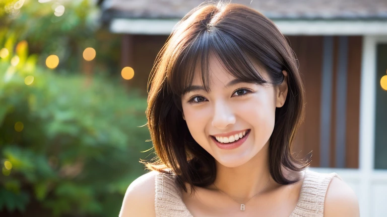 table top, highest quality, Photoreal, finely, High resolution, 8k wallpaper, perfect dynamic composition, detailed and beautiful eyes, medium hair, big and full breasts, random sexy poses,chest to chest、(Mock neck crop tank top with holes to show off cleavage Khaki knitwear)、(Breast bulge 1.2)、laughter、open your mouth、resort scenery、23 years old、(droopy eyes 1.4)、adult beauty、Japanese