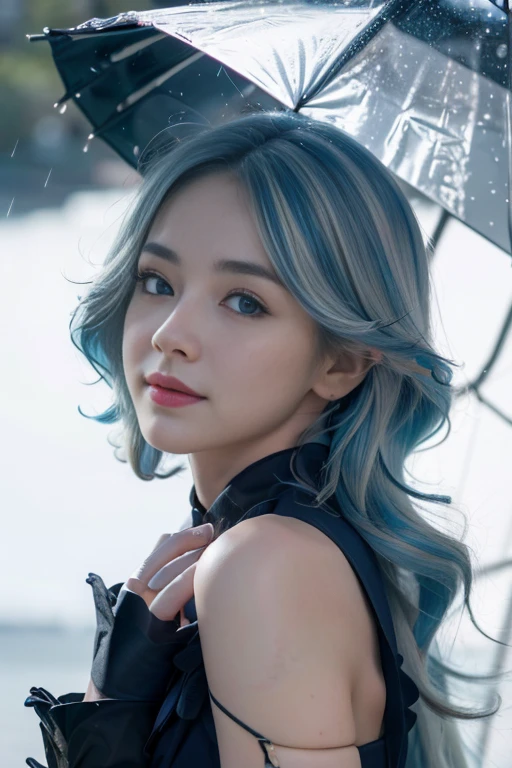 whole body, dynamic background, dynamic poses(dynamic angle:1.4),(best quality, masterpiece: 1.3), 1 girl, rainy day, FOG, alley, looking at the audience, blue hair,, perfect hands, Beautifully, night,pretty Woman:1.4,Super detailed face、Eye for details、double eyelids、Highly detailed and professional lighting smile(Realism:1.4)high resolution, intricate details ,(City Background 1.5)