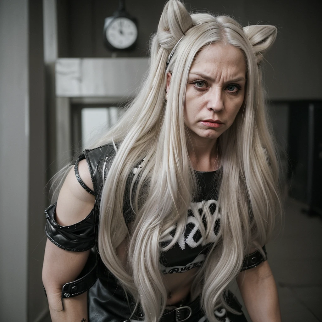 thirty-seven year old woman, with long dark blonde hair and with white hair behind her ears, she wears a rocker outfit and shes angry