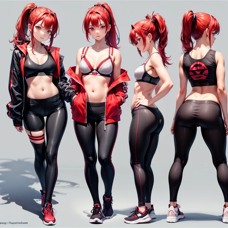 Cute girl, , pony tail, big breasts, small bra and leggings shorts,red hair, red eyes, fit clothes, nice ass,