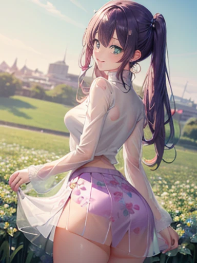 小さなgirl、The arrival of spring、hip shot、thick thighs、thick thighs、 big ass、chest is small、(alone:1.5,)Super detailed,bright colors, very beautiful detailed anime face and eyes, back view、 shiny_skin,girl, ((Purple long hair,Inner color is red 、forehead is exposed.、green eyes、、shiny hair, delicate beautiful face, blush、(turquoise eyes), White skin, Valletta, earrings,、blue flower field、(((Floral pink、See-through、turtleneck clothing、tight、white tight skirt)))、twin tails、smile、happy face、face dyed red