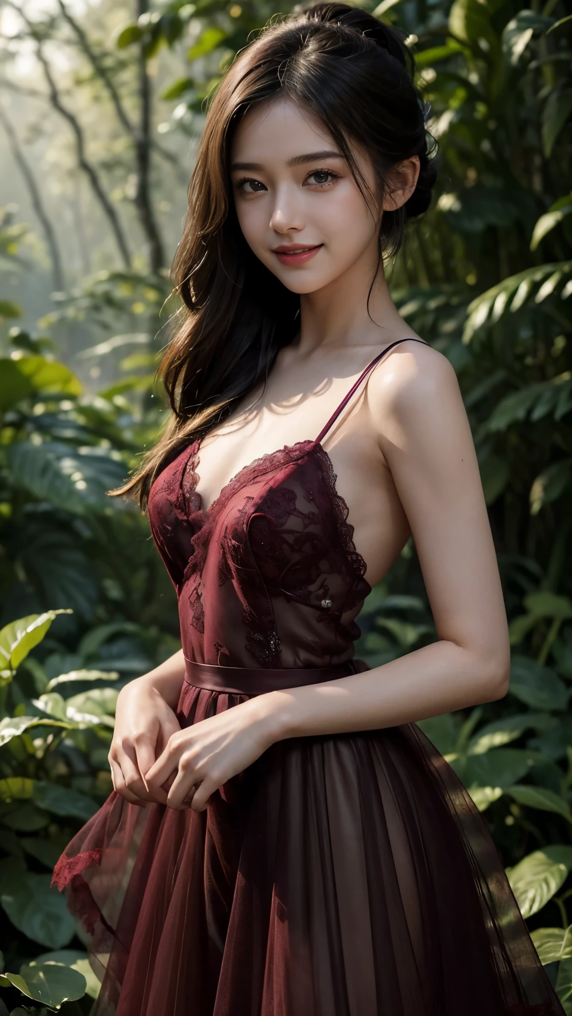 (Masterpiece:1.4), CG Unity 8k walpaper, ((Realistic: 1.2)), Ray Tracing, 64k, Beautiful 22 years girl, Asian realistic girl, Ultra Realistic, ultra HD, 1 girl, black hair, long hair, ponytail, standing, abandoned in a forest, Green Plants, Rain forest, soft lighting,  Morning light, foggy morning, realistic, SMOOTH FACE, full body shot, ((Burgundy Sweetheart High Low Tulle Homecoming Dresses with Lace Wrap)), perfect eyes, Beautiful smile, ((smile: 1.2)), Stylish look, sexy angles, realistic Skin, Perfect young body, Young figure , detailed background, Detailed skin, ((detailed dress)), Long Black hair, cinematic lighting, ((cinematic Photography)), ((High resolution Dress Quality)), High resolution picture quality, beautiful knees, Smooth thighs 