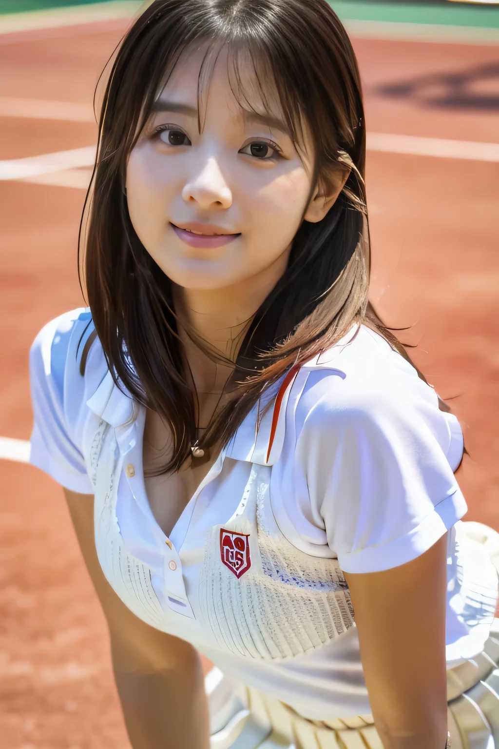 highest quality, masterpiece, ultra high resolution, (realistic:1.4), Raw photo, 15 year old girl, ((leaning forward):1.3), ((From above)), (She is wearing a white polo shirt and a pale pink pleated tennis skirt.), (Very cute face like the most popular Japanese idol, very childish face, ((very beautiful big black eyes)), very beautiful hair, very beautiful skin, very beautiful long eyelashes, very beautiful lips, very beautiful cleavage, innocent smile, dynamic pose, Tennis shirt with attention to detail, detail tennis pleated skirt