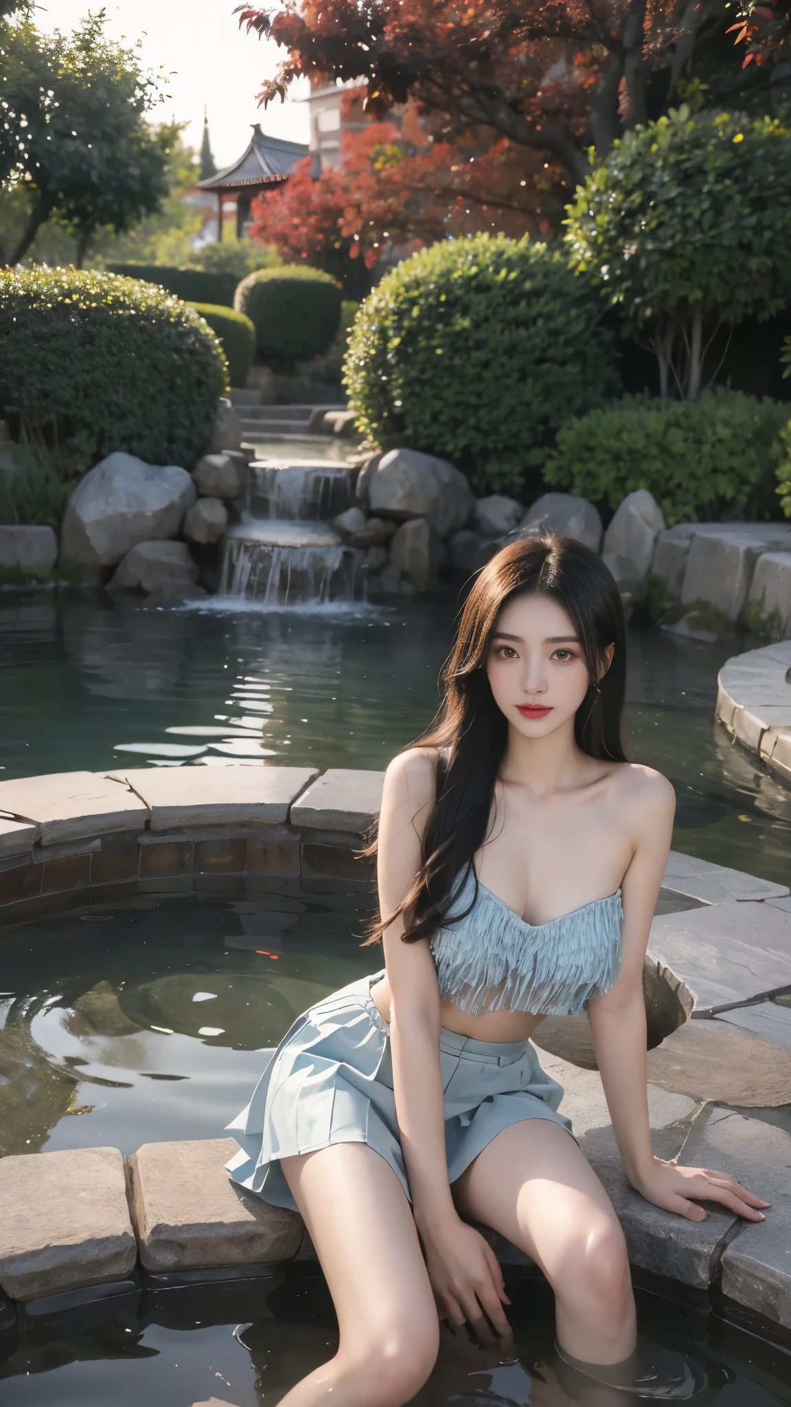 (masterpiece, best quality:1.2), 1 girl, alone, ((bare shoulders, The skirt is short)), In the depths of wonderland，Moonlight，Sit in the hot spring and play with water, sexy model，Slender sexy legs，very nice legs，Show sexy legs，big breasts，beautymystery的色彩。脸庞beauty而精致，Otherworldly beauty。The light of wisdom。cherry colored lips，Revealing confidence and composure。The face is well defined，Skin as fair as jade，Reveal a healthy glow，Makeup is light and delicate，Show temperament and charm。Skin transparency，Bright and Vibrant。Charm and sophistication。Clothes fluttering，Action swing。beauty的风景线，Attractive posture。big breasts, beauty，grace，mystery，dream。