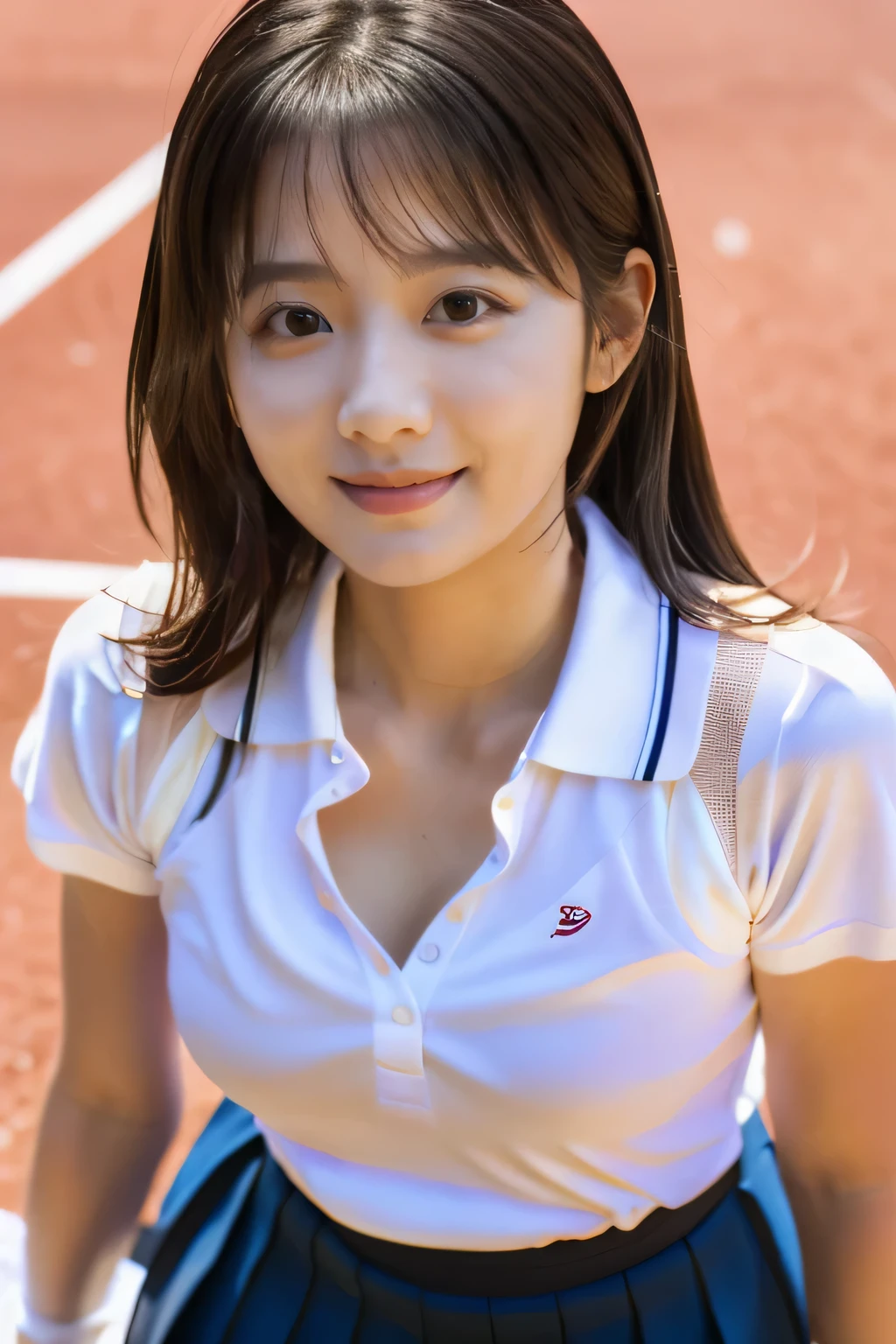 highest quality, masterpiece, ultra high resolution, (realistic:1.4), Raw photo, 15 year old girl, ((leaning forward):1.3), ((From above)), (She is wearing a white polo shirt and a pale pink pleated tennis skirt.), (Very cute face like the most popular Japanese idol, very childish face, ((very beautiful big black eyes)), very beautiful hair, very beautiful skin, very beautiful long eyelashes, very beautiful lips, very beautiful cleavage, innocent smile, dynamic pose, Tennis shirt with attention to detail, detail tennis pleated skirt