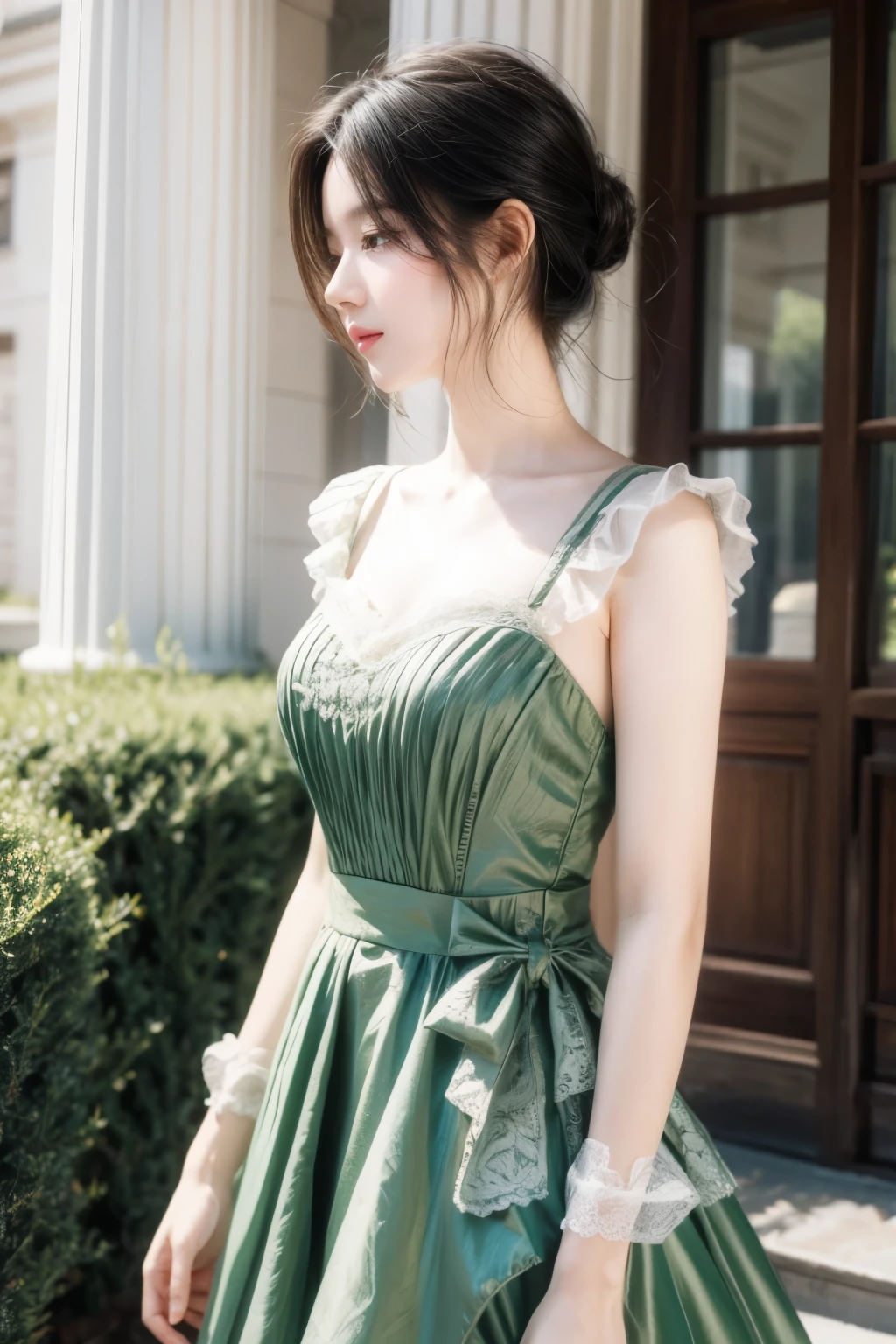 ((high quality work)), Clean and simple lines, The green dress is complemented by beautiful ruffled lace, Enriches the layering of the entire picture, Elegant Edwardian lace dresses and princess skirts enhance the character, Hand gesture with hands behind back , It also shows the gentle and elegant side of women.