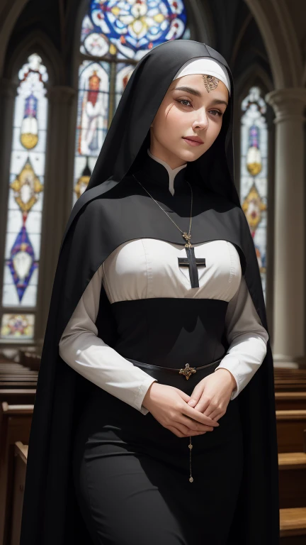 (best quality, HD, masterpiece), Ultra-detailed, high dynamic range, studio lights, Super fine, sharp focus ,extremely detailed description, professional, bright colors, Bokeh, portrait, peaceful, Spirit, church, monastery, sacred, Gothic architecture, beautiful stained glass windows ,Luxurious decoration, The atmosphere is solemn, Flickering candles, light through window, quiet, ethereal, Contemplative, (Beautiful woman in nun costume, black skirt, beautiful details eyes, hourglass figure, Light makeup, Hair parted in the middle), long hair, Rosary Necklace, Dedication, Belief, The flowing white coat and gentle smile, Highly concentrated, peaceful表情, sunny, The scene has warm tones、Soft shadows、stunning composition