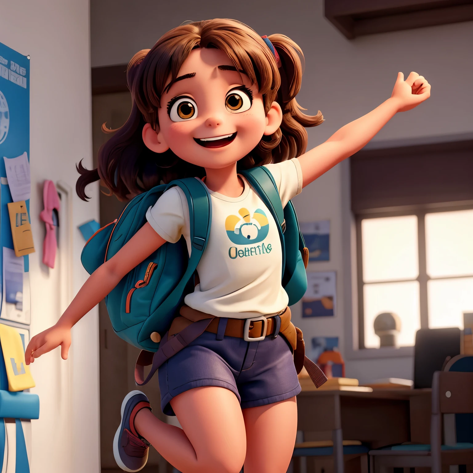 Mia bouncing excitedly, backpack slung over her shoulder. Mia's arms pump up and down as she jumps, a big smile plastered on her face.