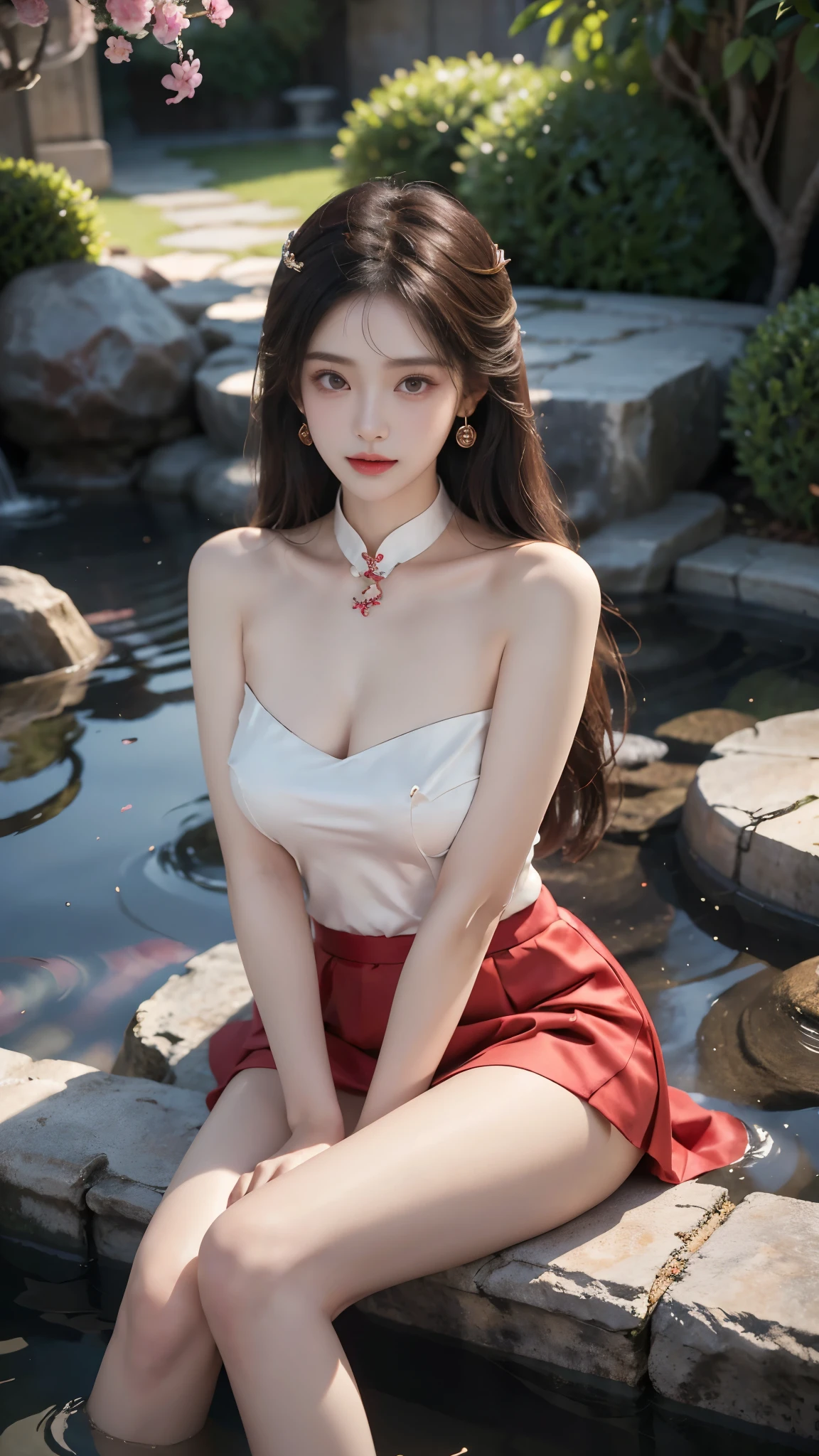 (masterpiece, best quality:1.2), 1 girl, alone, ((bare shoulders, The skirt is short)), In the depths of wonderland，Moonlight，Sit in the hot spring and play with water, sexy model，Slender sexy legs，very nice legs，Show sexy legs，big breasts，beautymystery的色彩。脸庞beauty而精致，Otherworldly beauty。The light of wisdom。cherry colored lips，Revealing confidence and composure。The face is well defined，Skin as fair as jade，Reveal a healthy glow，Makeup is light and delicate，Show temperament and charm。Skin transparency，Bright and Vibrant。Charm and sophistication。Clothes fluttering，Action swing。beauty的风景线，Attractive posture。big breasts, beauty，grace，mystery，dream。