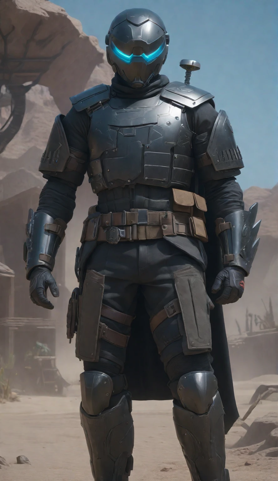(((best quality))),(((ultra detailed))),(((masterpiece))),a man in a helmet dressed in tactical armor, With a black cape, sword on his Back ,Shoulder pads, Knee pads, three throwing knives holstered on his arm, Pistol holstered on his leg(Best quality, 4k, Masterpiece :1.3), Cyberpunk, Background, Sci-fi landscape, (Black cape), ultra realistic 8k cg