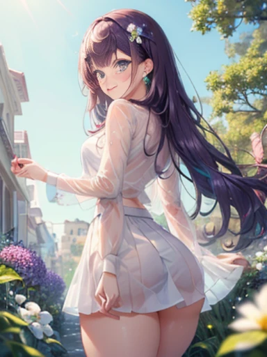 小さなgirl、The arrival of spring、hip shot、thick thighs、thick thighs、 big ass、chest is small、(alone:1.5,)Super detailed,bright colors, very beautiful detailed anime face and eyes, back view、 shiny_skin,girl, ((Purple long hair,Inner color is red 、forehead is exposed.、green eyes、、shiny hair, delicate beautiful face, blush、(turquoise eyes), White skin, Valletta, earrings,、blue flower field、(((Floral pink、See-through、shirt、tight、check、white tight skirt)))、twin tails、smile、happy face、face dyed red