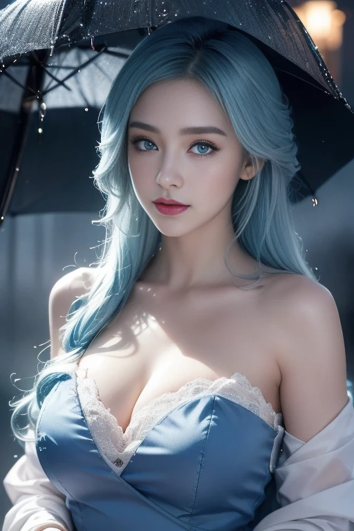 best quality, masterpiece: 1.3), 1 girl, rainy day, FOG, alley, looking at the audience, blue hair,, perfect hands, Beautifully, night,pretty Woman:1.4,Super detailed face、Eye for details、double eyelids、Highly detailed and professional lighting smile(Realism:1.4)