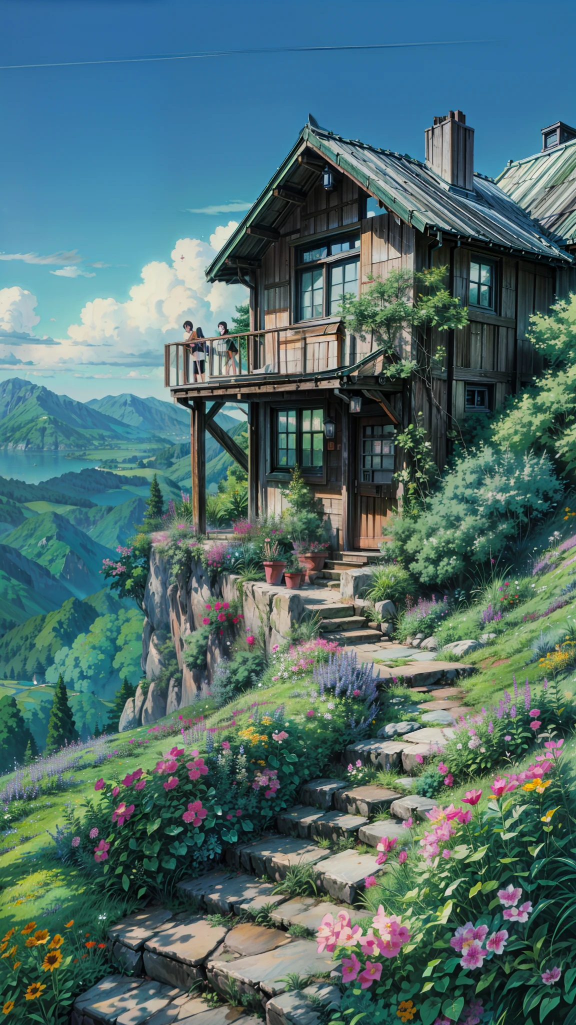a house sitting on top of a lush green hillside, anime nature wallpap, 4 k matte thomas kinkade, anime landscape wallpaper, makoto shinkai. high detail, anime scenery, anime. by makoto shinkai, anime scenery concept art, style of makoto shinkai, by Makoto Shinkai, by makoto shinkai, background of flowery hill, 4k hd,, beautiful art uhd 4 k, a beautiful artwork illustration, beautiful digital painting, highly detailed digital painting, beautiful digital artwork, detailed painting 4 k, very detailed digital painting, rich picturesque colors, gorgeous digital painting