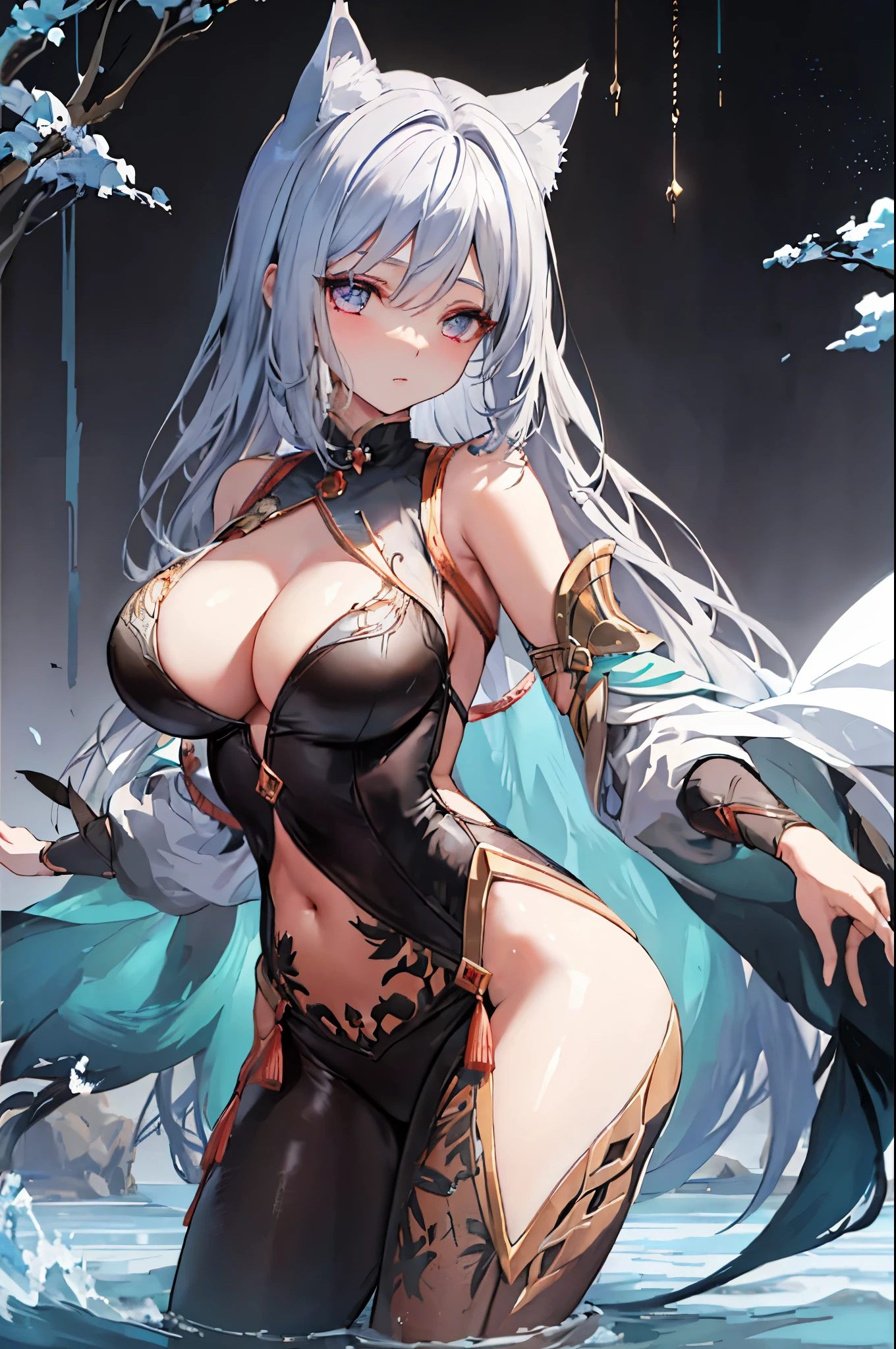 (masterpiece), (Highest quality anime illustrations), (Super fine and intricate details), One solitary silver-haired beauty, (Lost in thought with a contemplative expression), Anime-inspired attire with cat ears subtly peeking out, Slightly larger breasts accentuated by cleavage emphasis and underboob, Thighs accentuated for added allure, Dressed in a Gambler's Costume, See-through fabric revealing her mystical Egyptian-inspired attire, Water gently cascading around her, creating a serene and otherworldly atmosphere.