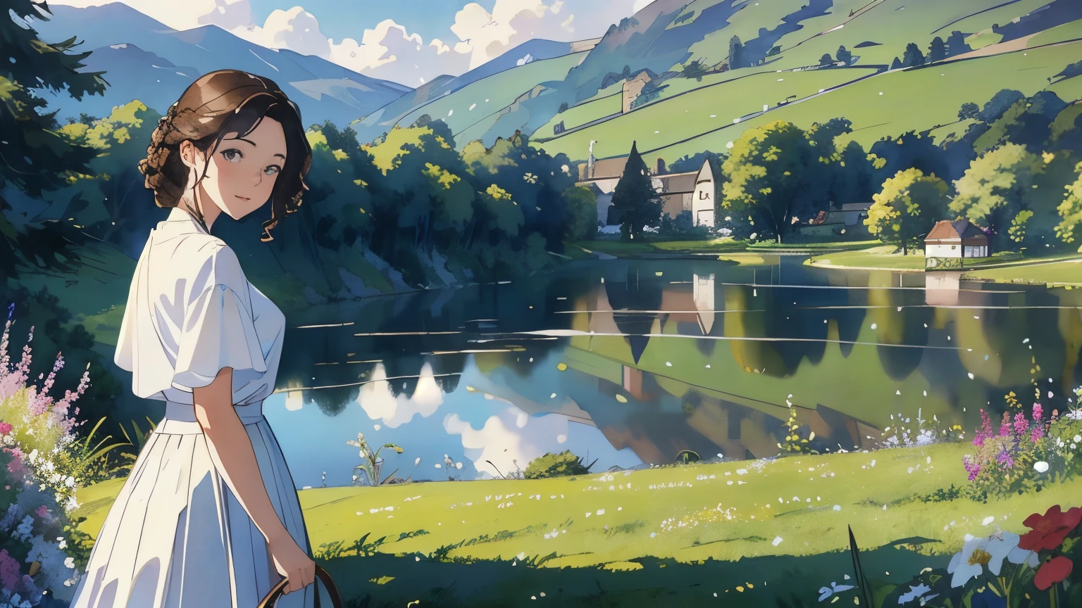 (highest quality、masterpiece、High resolution)、(Sargent style watercolor)、(anime art)、soft light、Views of the Cotswolds、old farmhouse、flowers bloom、((5 women、everyone is standing))、(Detailed depiction of a beautiful face)、smile gently、medium short hair、dark brown hair、braided hair、White blouse and long skirt、picnic、cinematic light、soft sunlight、lake、Beautiful mountain range in the background、blur the background、