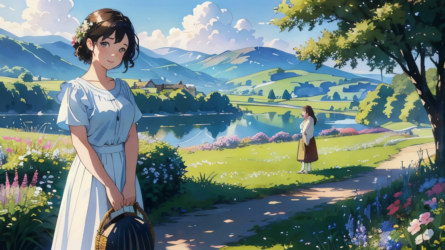 (highest quality、masterpiece、High resolution)、(Sargent style watercolor)、(anime art)、soft light、Views of the Cotswolds、old farmhouse、flowers bloom、((three women、everyone is standing))、(Detailed depiction of a beautiful face)、smile gently、medium short hair、dark brown hair、braided hair、White blouse and long skirt、picnic、cinematic light、soft sunlight、lake、Beautiful mountain range in the background、blur the background、