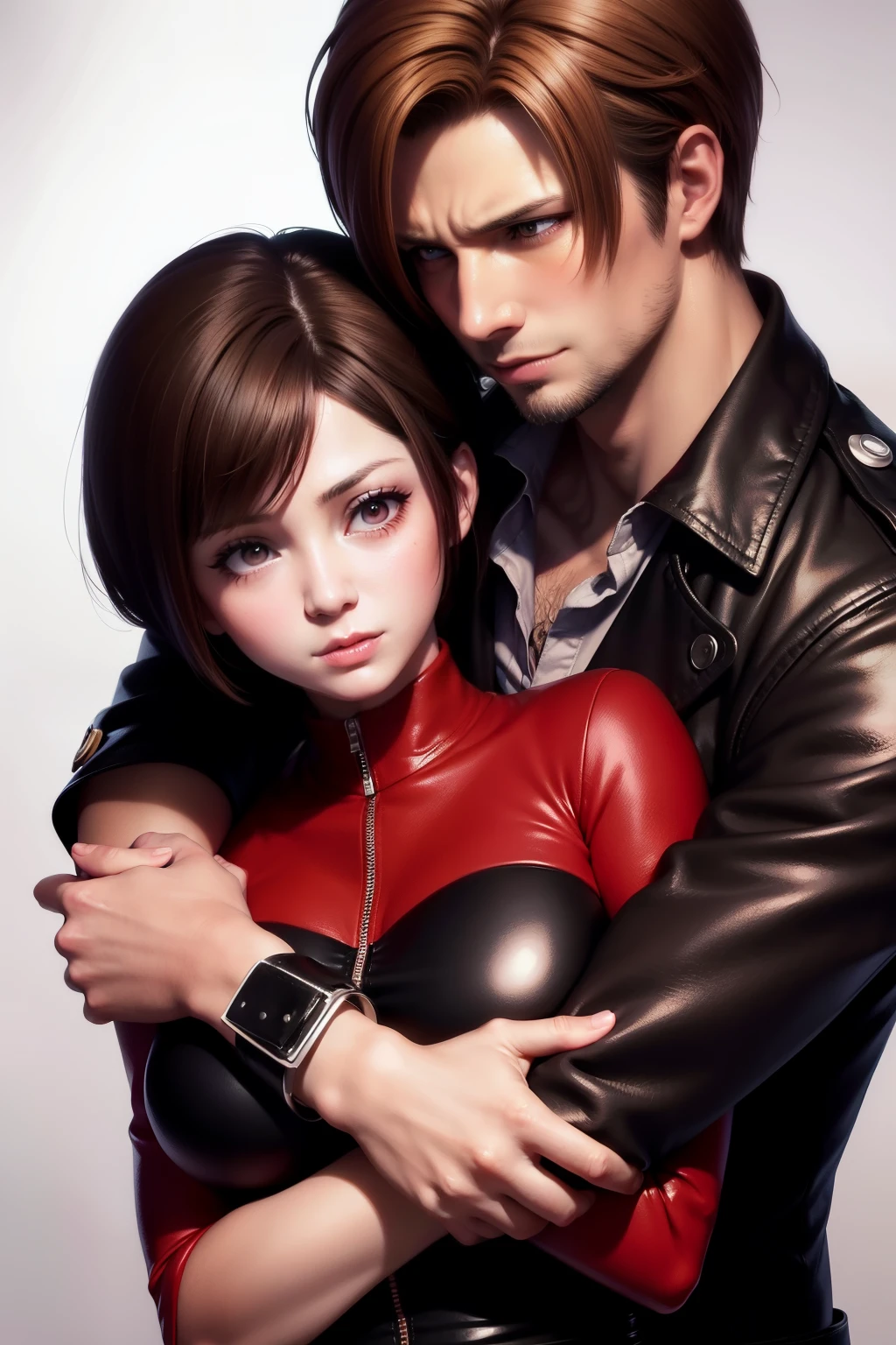 Leon kennedy with ada wong, perfect face,  woman, short bang hair, wearing blue suit and red mini dress With collar, smile, hug, happy expression, breast