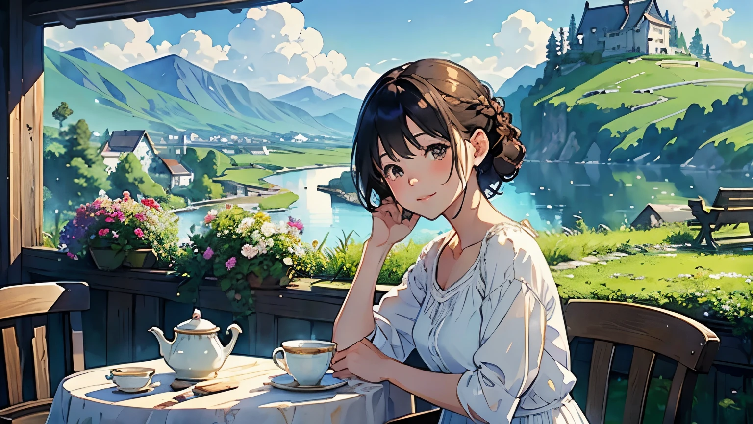 ((highest quality、masterpiece、High resolution))、(Sargent style watercolor)、(anime art)、soft light、Cotswold scenery、old farmhouse、stream、flowers bloom、(two women)、medium short hair、dark brown hair、braided hair、(Detailed depiction of a beautiful face)、smile gently、White blouse and long skirt、picnic、table、Tea set、drink tea、cinematic light、soft sunlight、lake、Beautiful mountain range in the background、blur the background、