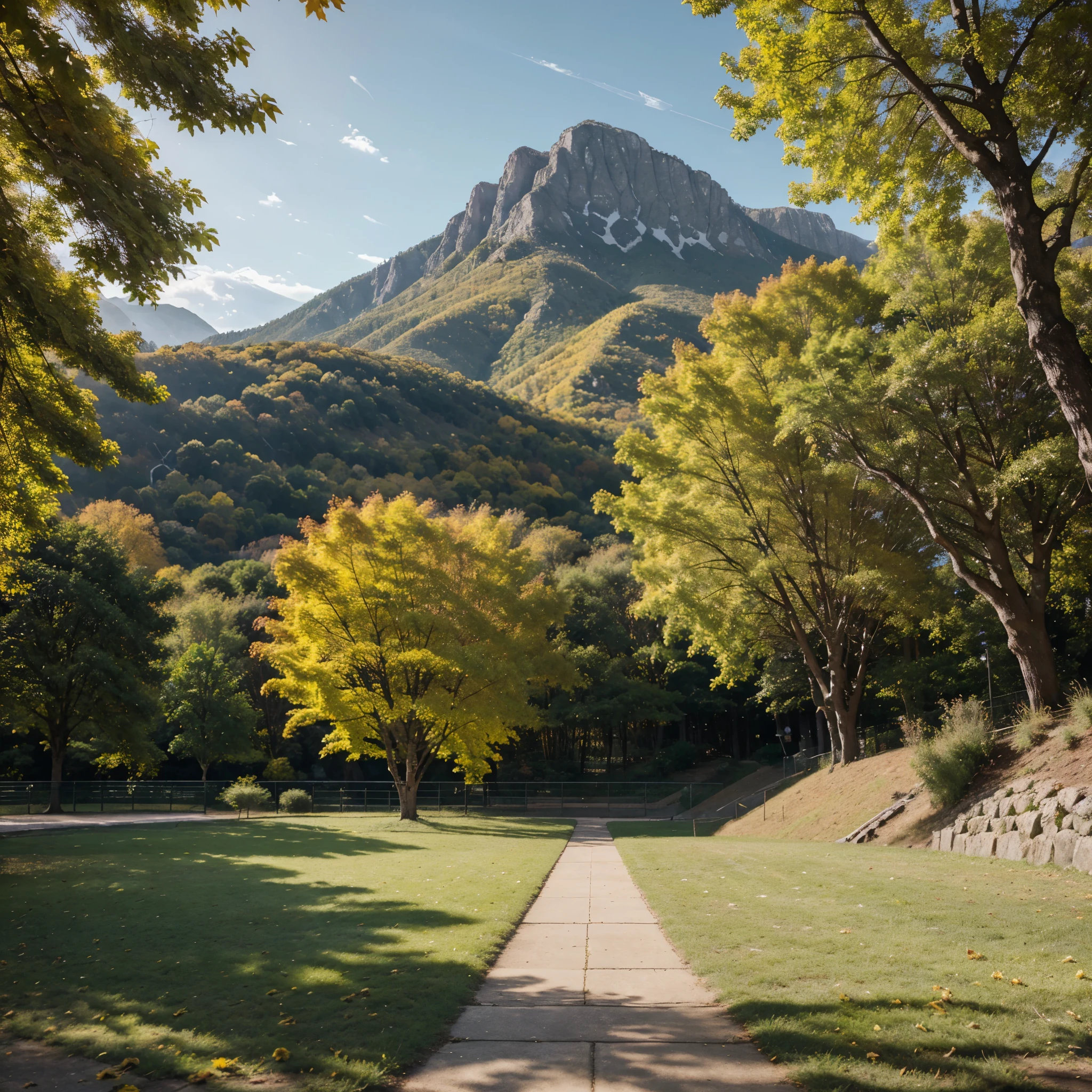 A park with trees with yellow leaves, with a ground full of yellow leaves, sun illuminating the place, a distant lake, concrete walkway in one part, yellowish tone, mountains in the background.,ultra resolution, very detailed, HDR, masterpiece, 8K hd