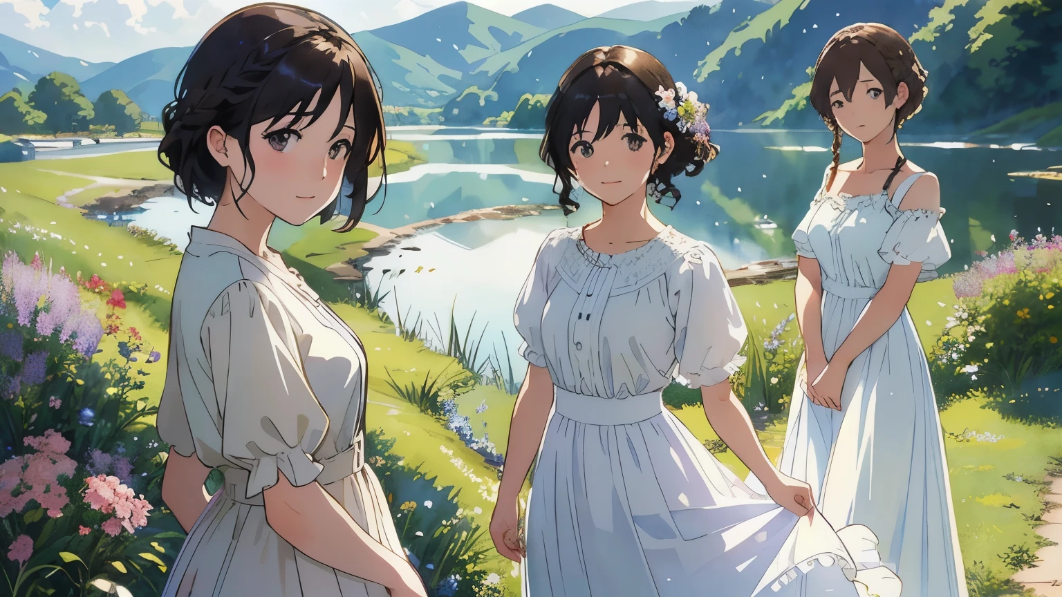 (highest quality、masterpiece、High resolution)、(Sargent style watercolor)、(anime art)、soft light、Cotswolds view、old farmhouse、flowers bloom、((two women、Everyone is standing))、(Detailed depiction of a beautiful face)、smile gently、medium short hair、dark brown hair、braided hair、White blouse and long skirt、picnic、cinematic light、soft sunlight、lake、Beautiful mountain range in the background、blur the background、 