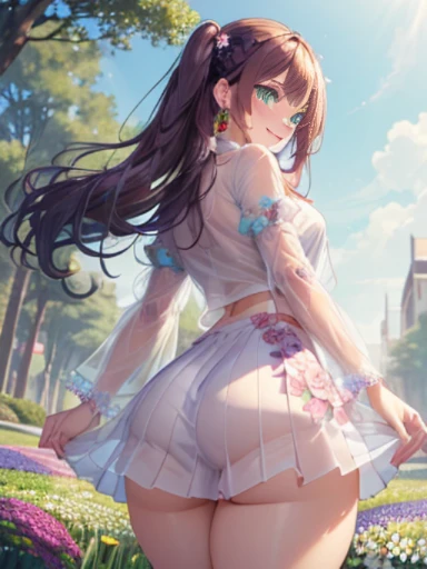 小さなgirl、The arrival of spring、hip shot、thick thighs、thick thighs、 big ass、chest is small、(alone:1.5,)Super detailed,bright colors, very beautiful detailed anime face and eyes, back view、 shiny_skin,girl, ((Purple long hair,Inner color is red 、forehead is exposed.、green eyes、、shiny hair, delicate beautiful face, blush、(turquoise eyes), White skin, Valletta, earrings,、blue flower field、(((Floral pink、See-through、shirt、tight、check、white tight skirt)))、twin tails、smile、happy face、face dyed red、having sex