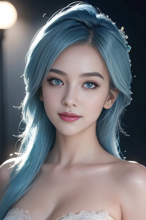 （best quality, masterpiece: 1.3), 1 girl,  FOG, alley, looking at the audience, blue hair,, perfect hands, Beautifully, night，pretty Woman:1.4，Super detailed face、Eye for details、double eyelids、Highly detailed and professional lighting smile(Realism:1.4）