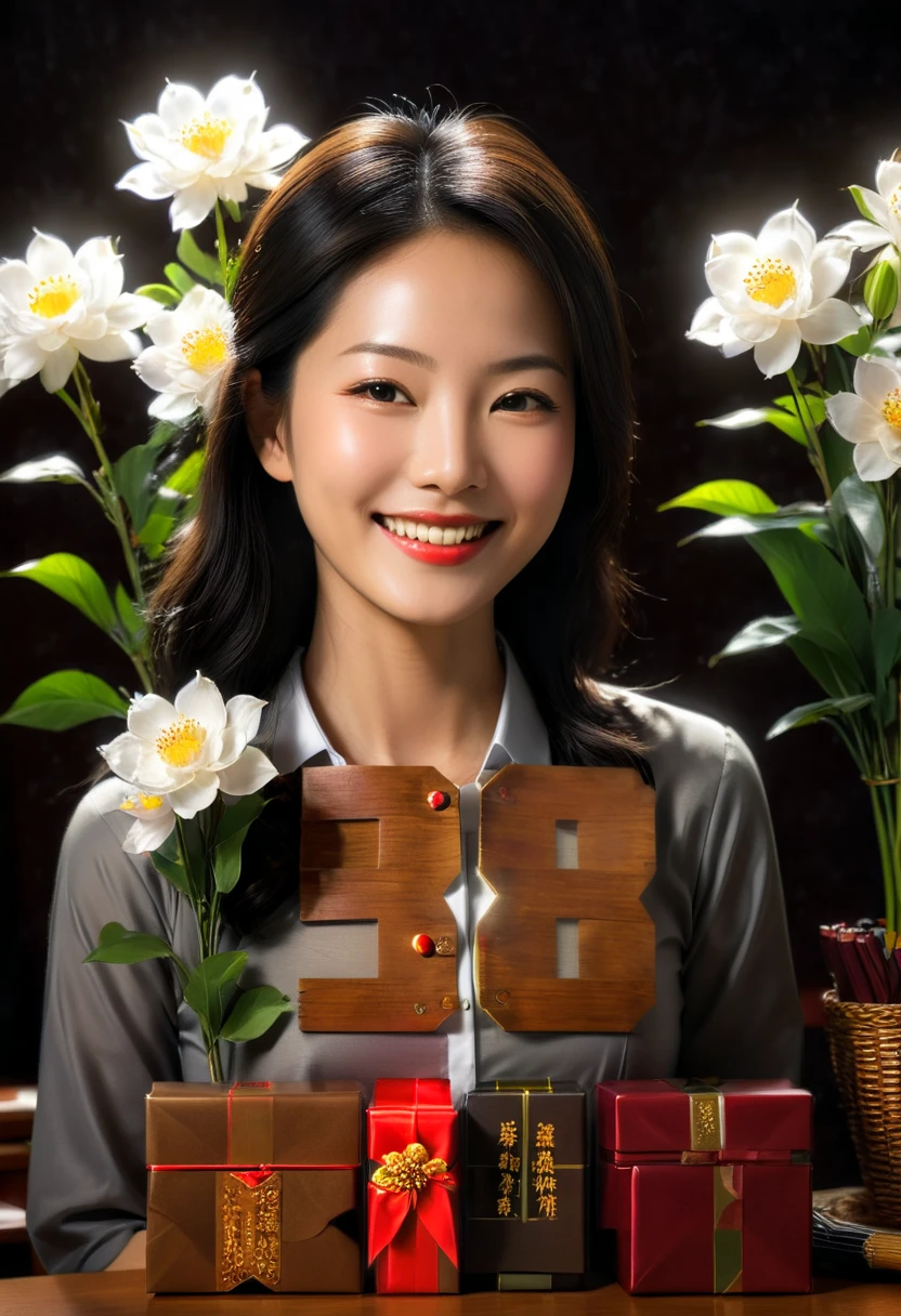 (Digital art,actual,lifelike),There is a smiling oriental female teacher in the classroom,Flowers and Gifts,(chiaroscuro,Ray tracing)