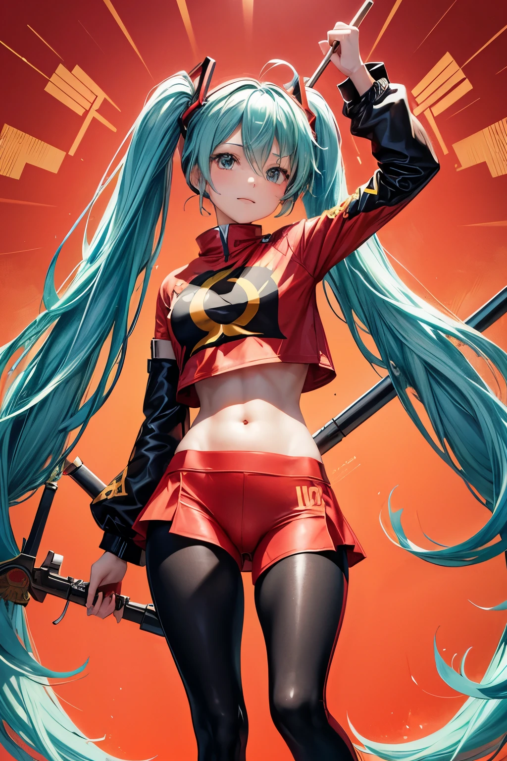 (best quality,4k,highres),hatsune miku wearing red and gold leggings printed with the communist hammer and sickle and a red cropped hoodie, standing next to lenin, holding a sickle above her head, vivid colors,portrait,studio lighting,ultra-detailed,sharp focus,anime,red and gold color palette,soft lighting, cameltoe