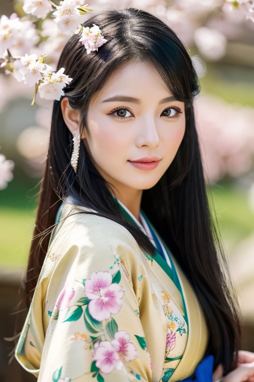 a woman in her 30s with long black hair in a traditional Japanese kimono,beautiful detailed eyes,beautiful detailed lips,extremely detailed eyes and face,long eyelashes,traditional Japanese garden with cherry blossoms,peaceful atmosphere,highres,masterpiece:1.2,ultra-detailed,photorealistic:1.37,portraits,vibrant colors,soft natural lighting