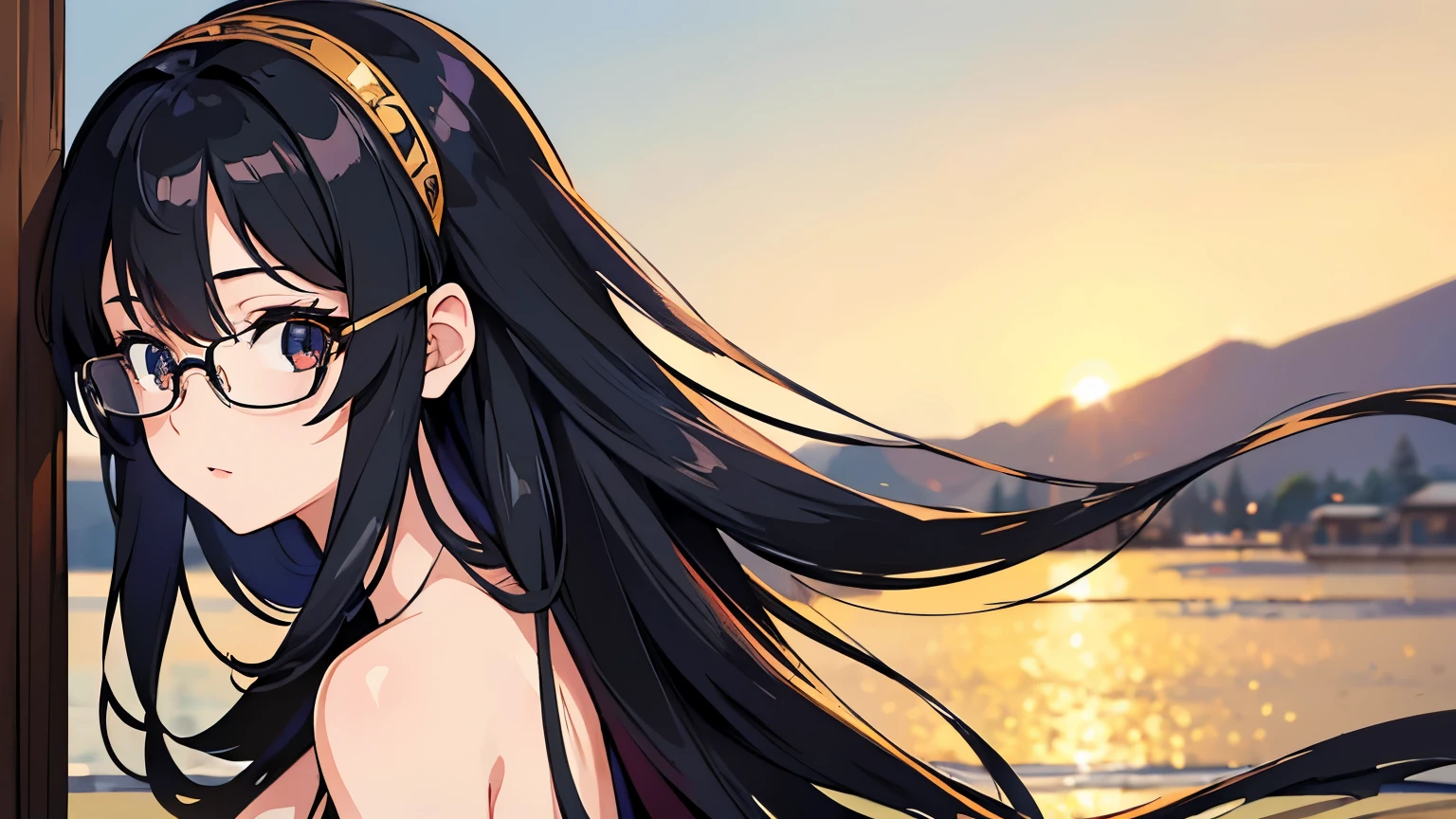 ((masterpiece)), ((best quality)), (ultra-detailed), ((extremely detailed)), 4K, (8K), best quality, (beautiful), anime style, hair between eyes, straight hair,long hair,a cute girl, 1girl, solo, beautiful black hair, beautiful black eyes, ((beautiful eyes)), glasses,small eyes,nude,Ninja costume