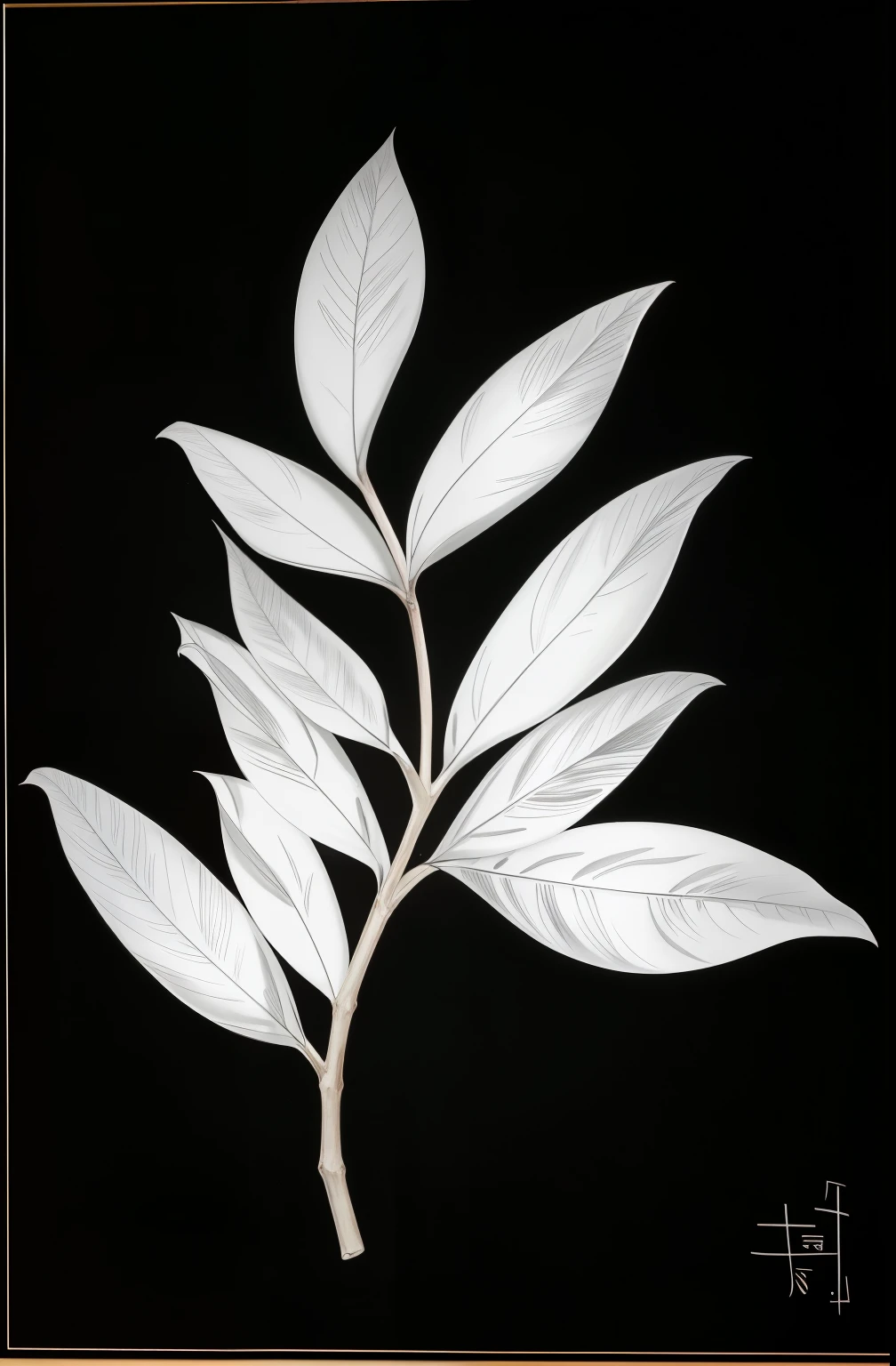 uma foto em preto e branco de uma folha em um fundo preto, Folhagem, planta de salgueiroar, Botanical, folhas grandes, Botanical Folhagem, artistic representation, com fundo preto, Botanicalal photo, leaves Folhagem and stems, branches and Folhagem, (alto contraste), folhas nos galhos, somente cor preto e branco, plantar, contorno branco, leaves and stems of magnolia, Folhas retorcidas 532k