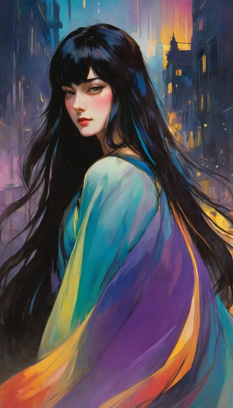 chiaroscuro technique on sensual illustration of an elegant queen (((long hair with bangs:1.4、Beautiful bangs) , vintage ,silky dress, matte painting, by John Singer Sargent, by Harumi Hironaka, abstract background, (upper body:1.5), Rainbow rain, highly detailed, digital artwork, high contrast, dramatic, refined, tonal, an intimate, seductive studio setting with a focus on sensuality and romance. Utilize soft, warm lighting that bathes the space in a gentle, inviting glow. Incorporate luxurious fabrics, plush furnishings, and a touch of decadence to evoke an opulent ambiance. The scene should exude an air of serenity and anticipation, inviting the viewer into a sensual and romantic space