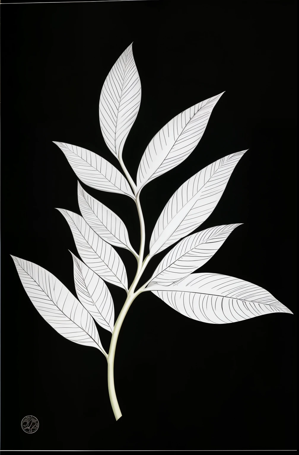 uma foto em preto e branco de uma folha em um fundo preto, Folhagem, planta de salgueiroar, Botanical, folhas grandes, Botanical Folhagem, artistic representation, com fundo preto, Botanicalal photo, leaves Folhagem and stems, branches and Folhagem, (alto contraste), folhas nos galhos, somente cor preto e branco, plantar, contorno branco, leaves and stems of magnolia, Folhas retorcidas 532k