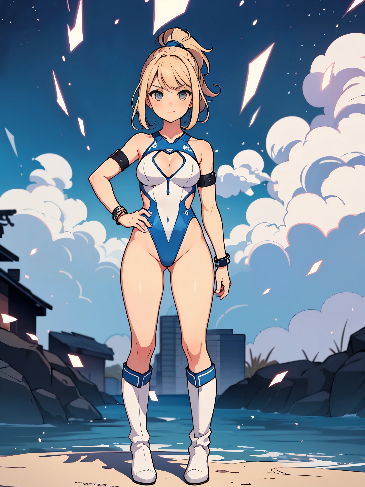 1girl, light blonde hair, aquamarine eyes, boots, breasts, bracelets, cleavage cutout, full body, hair ornament, shoulder-length hair, ponytail, full body with costume, leotard, gymnast_outfit leotard, white leotard with blue accents, bare legs, white stockings, white boots, medium breasts, solo, standing, superhero, (lighting logo on chest), beautiful detailed eyes, beautiful detailed face, age 18, ahoge, full body zenkai! full body portrait, body infused with electricity, diffraction spikes, heroic, standing straight, hands on hip, cowboy shot, city backdrop