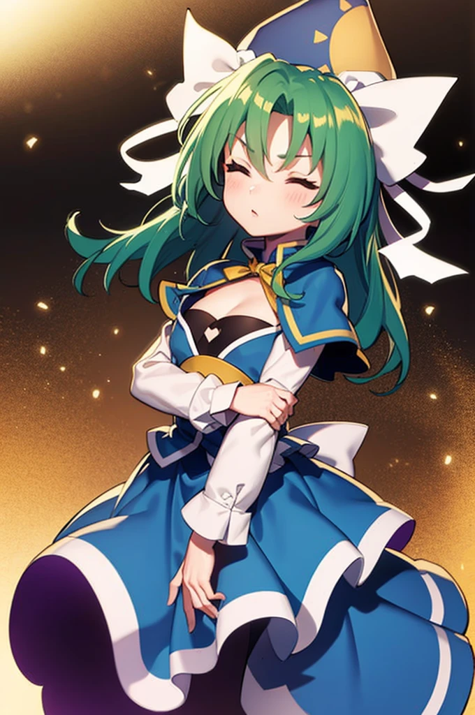 masterpiece, best quality, 1 girl, , , 10 years old, blue hat with a yellow sun pattern, long green hair, blue cape, blue cloak, blue clothes, white long sleeves, yellow ribbon, from behind, to lift up one’s skirt, cowboy shot, from front, standing , raise one leg, crossed arms, arms up behind, arms behind back, hand between legs, put hands hip, one hand on hip, forward hands, arms raised in the air, punch hands, peace_sign, waving, put up index finger, sit, lie down, closed eyes, lie face down, looking back, put one hand chest, leaning forward,cleavage,close up, horizontally outstretched arms, horizontally outstretched legs, front view, front face