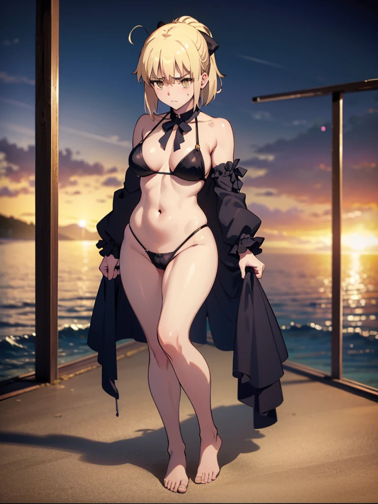 NSFW、（highest quality, A high resolution,Photoreal、official art,highest quality）,{{{saber alter:1.6}}}、{{Draw only one person on the screen}}、((gold eyes:1.2)),{{{(((She's on a very beautiful beach:1.2)))}}}、{{{She wears only a black macro bikini over her naked body}}},{{{Her arms, back and legs are bare}}}, {{{a frilly bikini}}},mature body、huge tits、Saber Altria、chignon hair、blonde、Glossy skin、, NSFW,　、erotic body、displeased look、embarrassed face、troubled eyebrows、No sleeve、{{She wears a big cute black ribbon around her neck}}、sexy body