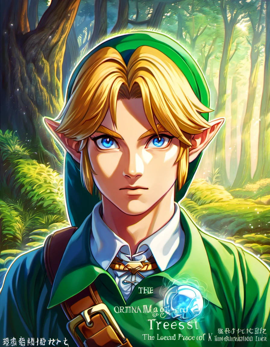 absurdres, highres, ultra detailed, HDR, master piece, best quality, Link, blond hair, expressive dark blue eyes, green tunic, green hat, The legend of zelda ocarina of time, 1man, extremely handsome, magical forest, trees