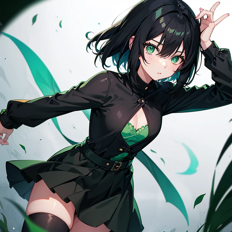 Anime girl with black hair, green eyes and dark clothes