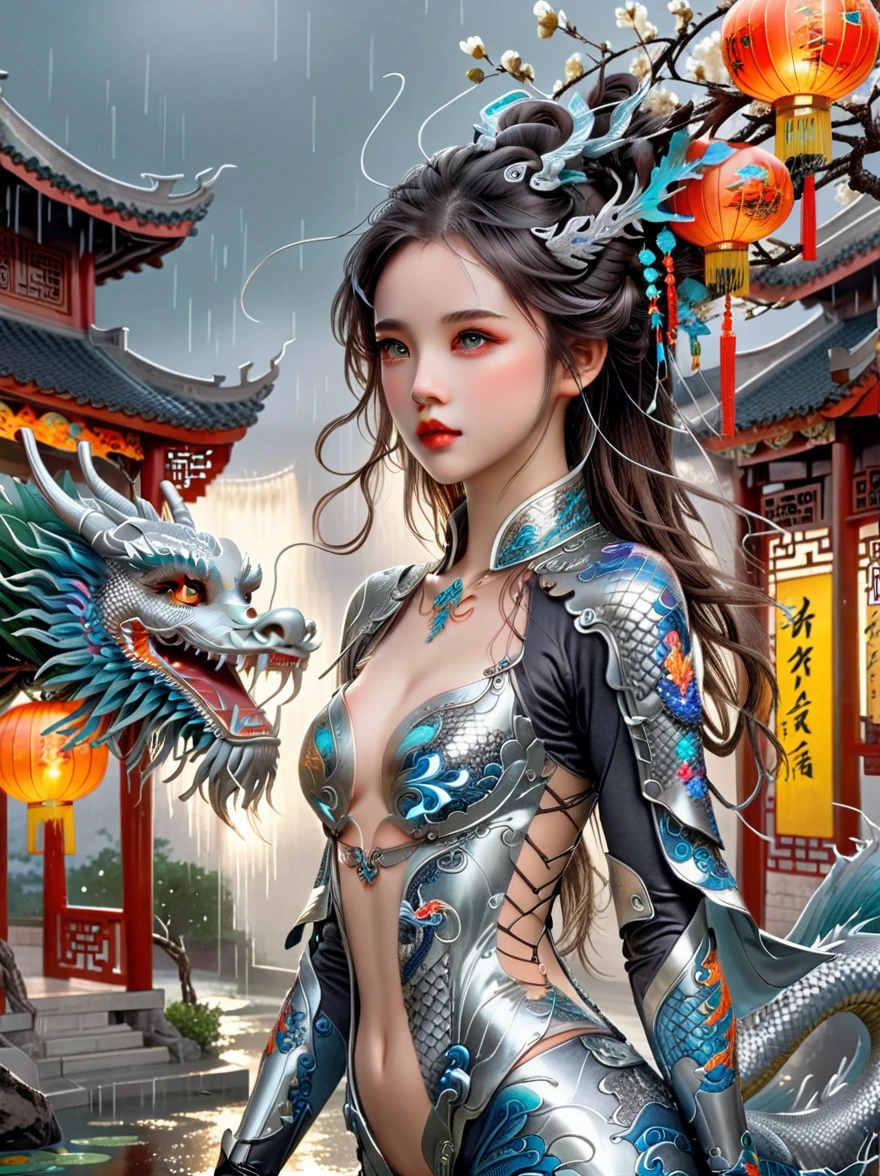 Works of Chinese style masters, shining, Traditional Chinese ink painting, willow branches, Wu Changshuo, 1 girl, small breasts, beautiful detailed eyes, beautiful detailed cyberpunk city, flat chest, beautiful detailed hair, wavy hair, beautiful detailed street, mecha clothes, robot girl, cool movement, silver bodysuit, (filigree), dragon wings, colorful background, a dragon stands behind the girl, rainy days, (lightning effect), beautiful detailed silver dragon armor, (cold face), composition, Dazzling colors, Stunning visual effects, otherworldly appearance, Fascinating artistry, eyes on the audience, high resolution, Super detailed, lifelike, illustration, first-person view, ((masterpiece)), best quality, anatomically correct, ccurate, 8k, best quality, 8K, masterpiece